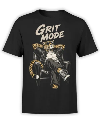 Black T-shirt featuring a relaxed leopard in sunglasses with “GRIT MODE” lettering above the graphic