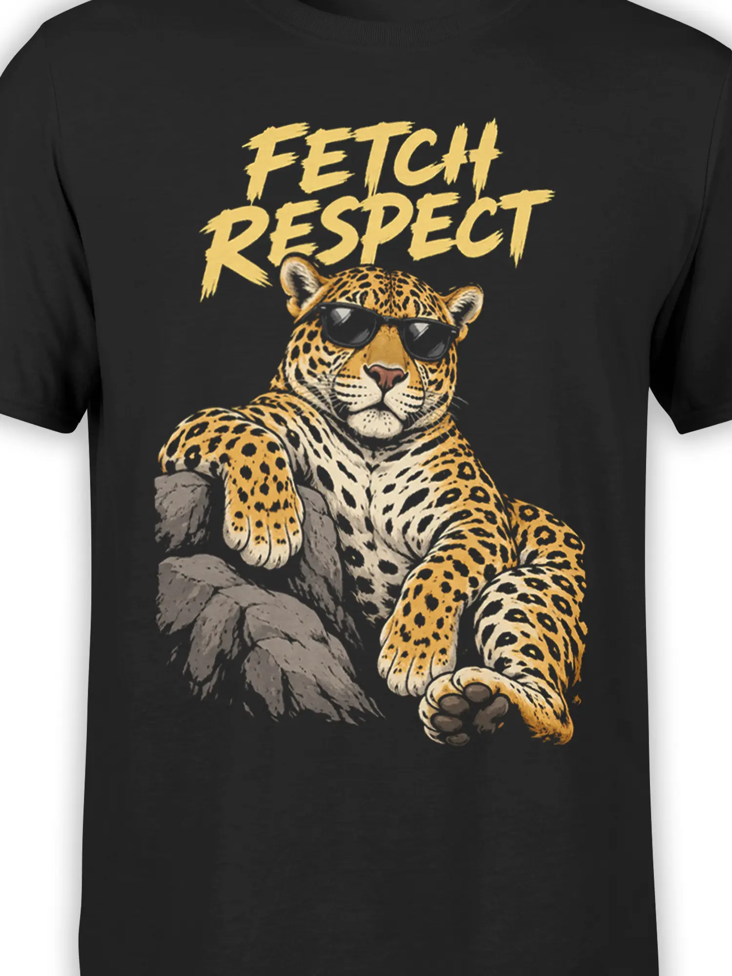 Close-up of leopard sunglasses and gold “Fetch Respect” artwork on a black graphic T-shirt