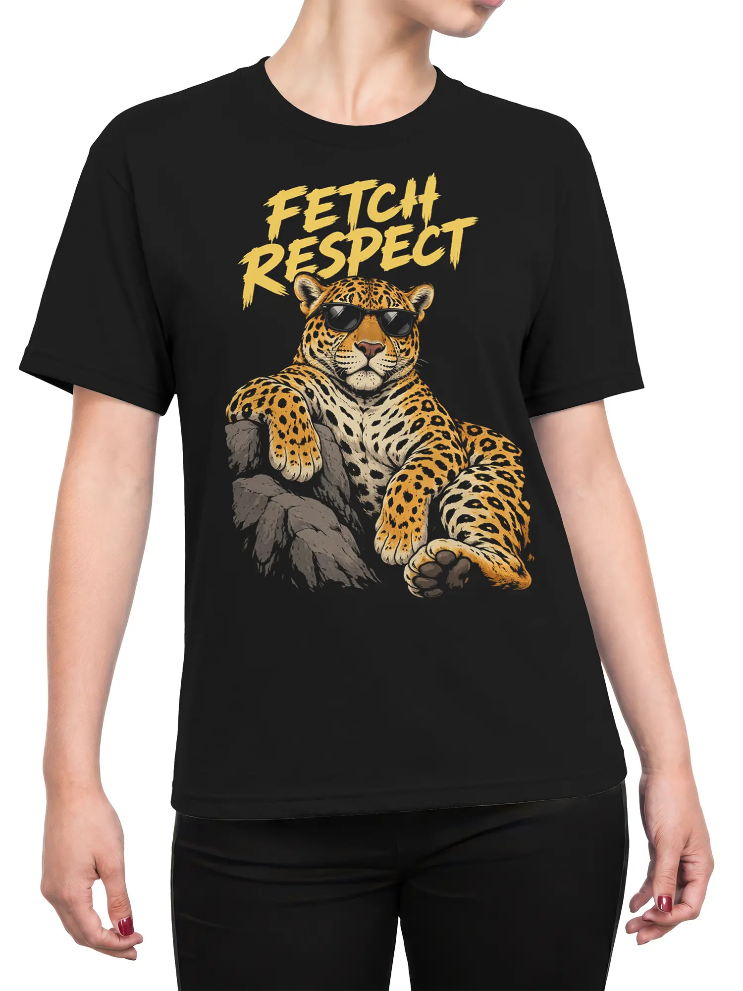Female torso wearing a black leopard graphic T-shirt with sunglasses and “Fetch Respect” lettering