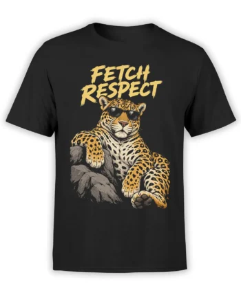 Black leopard graphic T-shirt with sunglasses, gold “Fetch Respect” lettering, and a relaxed pose on rocks