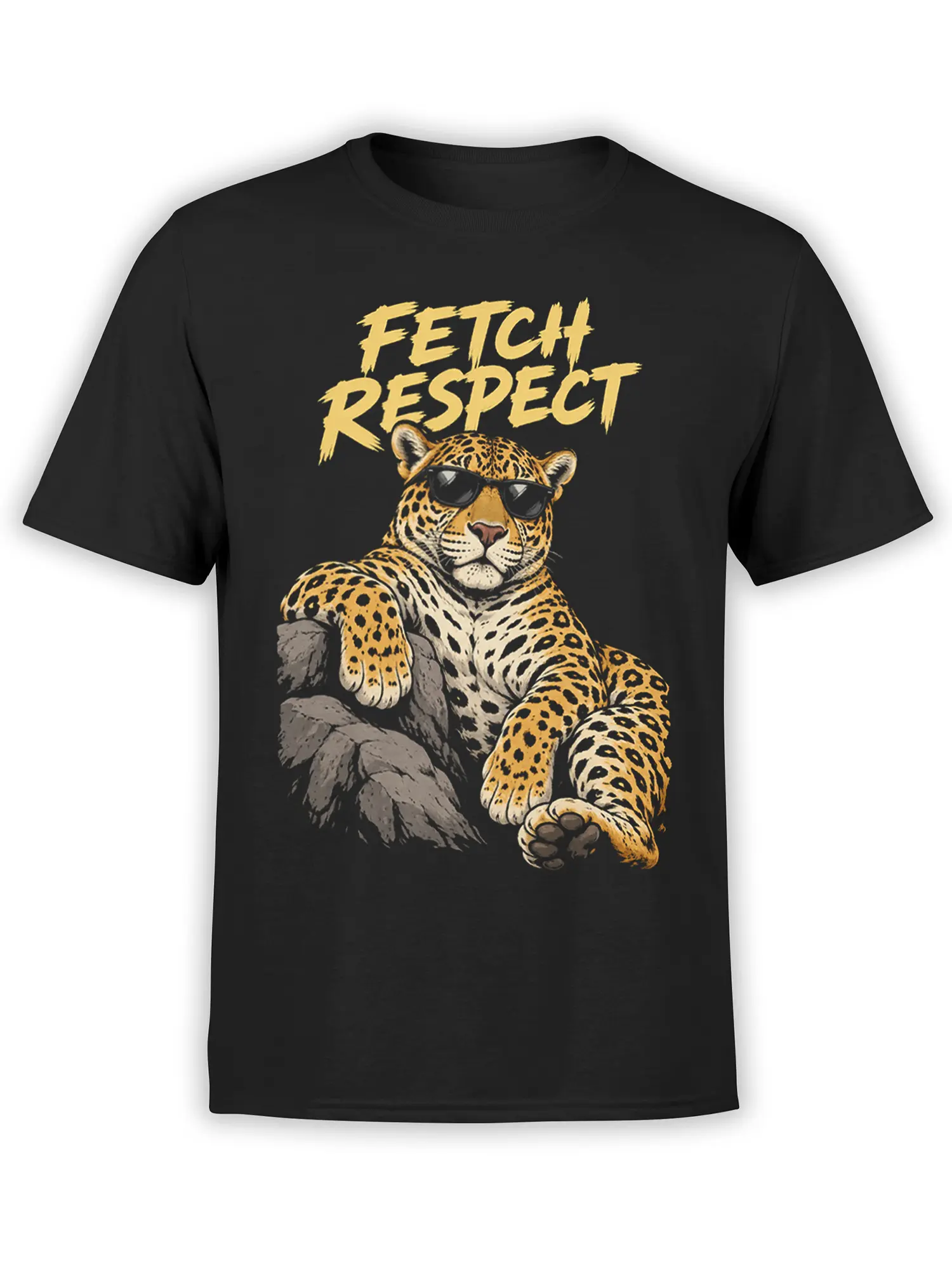 Black leopard graphic T-shirt with sunglasses, gold “Fetch Respect” lettering, and a relaxed pose on rocks