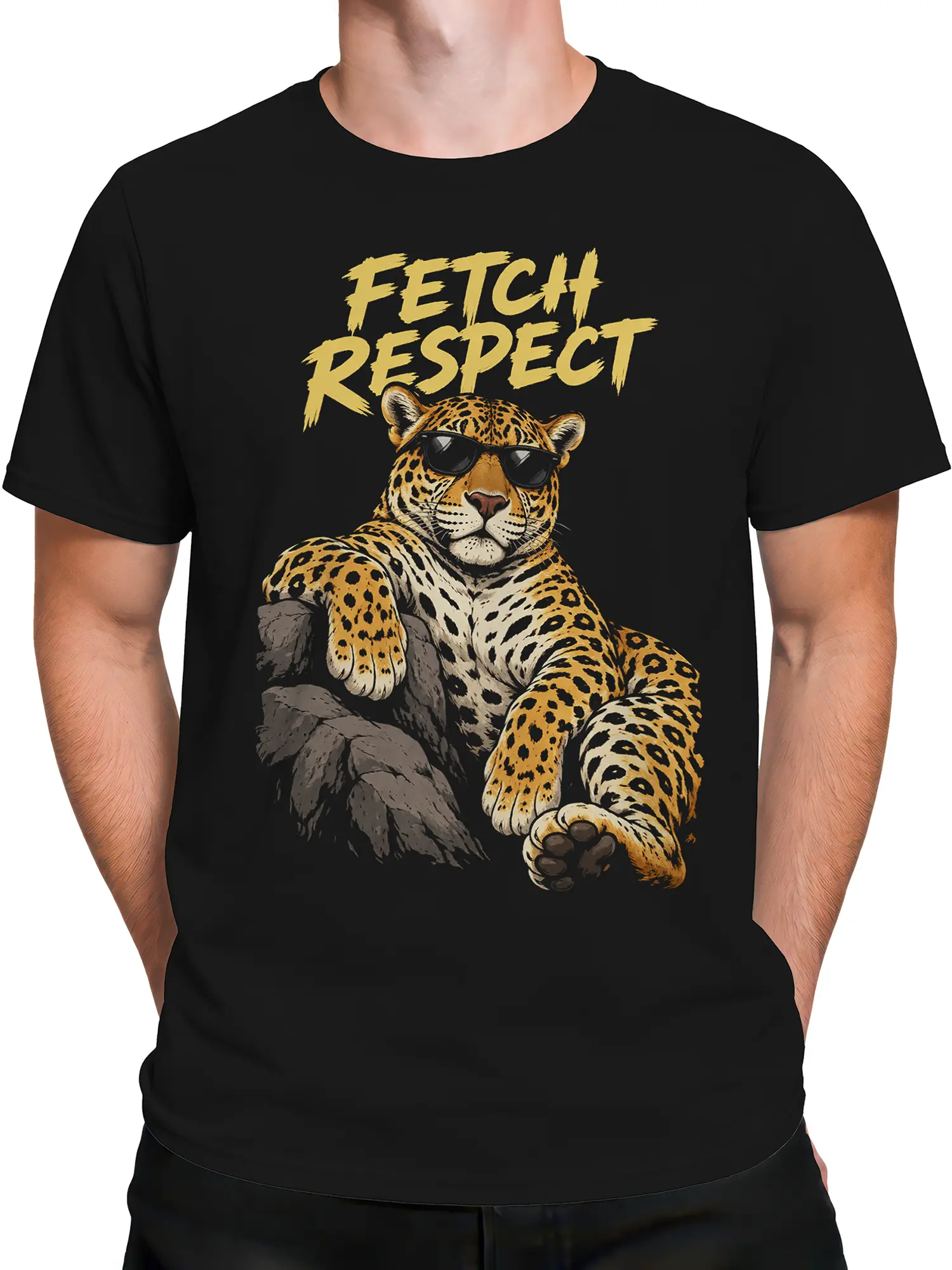 Male torso wearing a black leopard graphic T-shirt with bold gold lettering