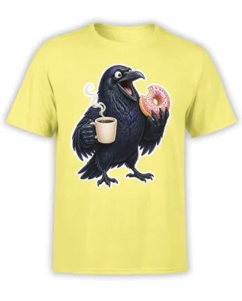 Black crow holding coffee and a pink sprinkled donut on a bright yellow graphic t-shirt