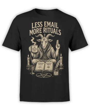 Black goat occult T-shirt with vintage ritual artwork, candles, spellbook, and “Less Email More Rituals” text