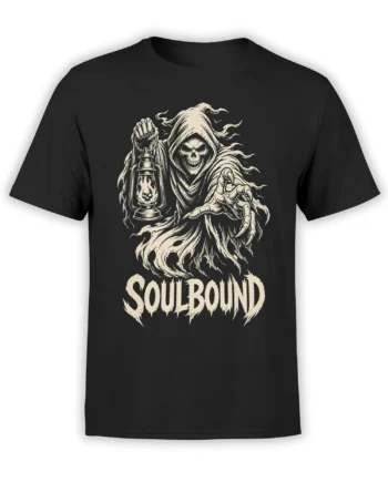 Black Soulbound T-shirt with a hooded skeletal reaper holding a skull lantern