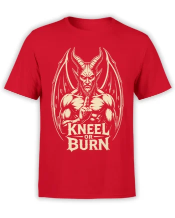 Red devil T-shirt with cream horned winged figure and bold KNEEL OR BURN gothic lettering