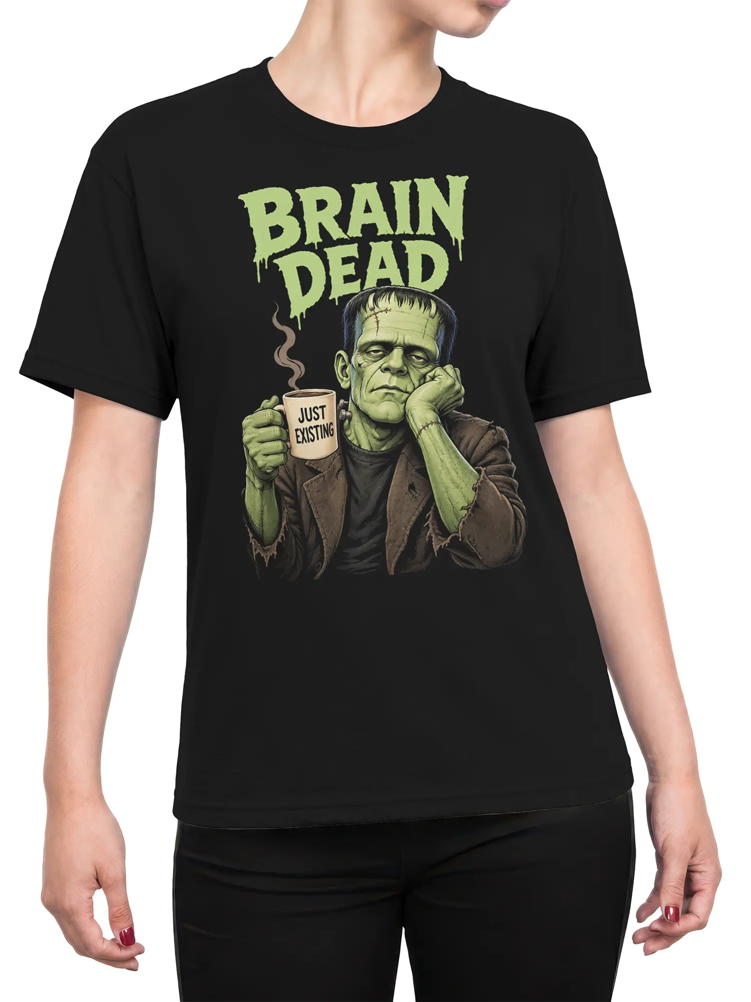 Female torso wearing black shirt with tired stitched creature and Brain Dead coffee graphic