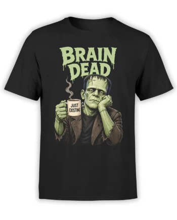 Black shirt with tired green stitched creature, steaming mug, and “Brain Dead” graphic