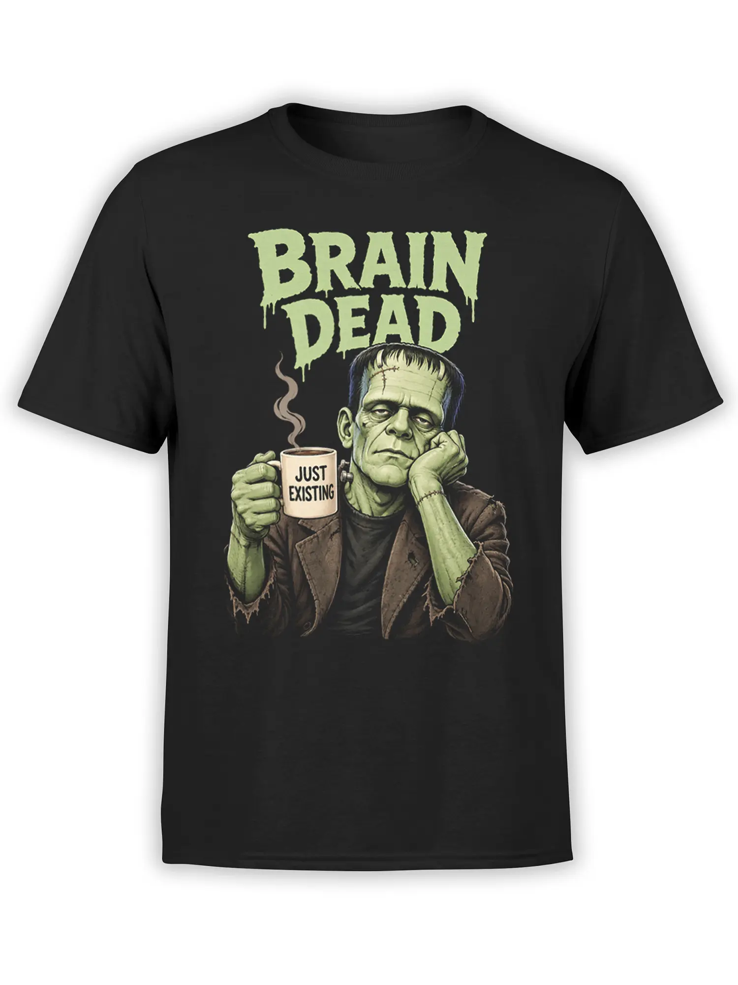 Black shirt with tired green stitched creature, steaming mug, and “Brain Dead” graphic