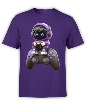 Purple gamer T-shirt with a hooded character wearing headphones and holding a game controller