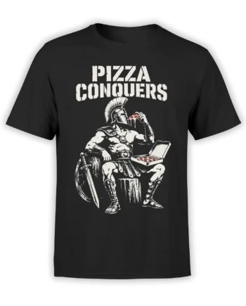 Black pizza graphic tee with Roman warrior eating a slice beneath bold “PIZZA CONQUERS” lettering