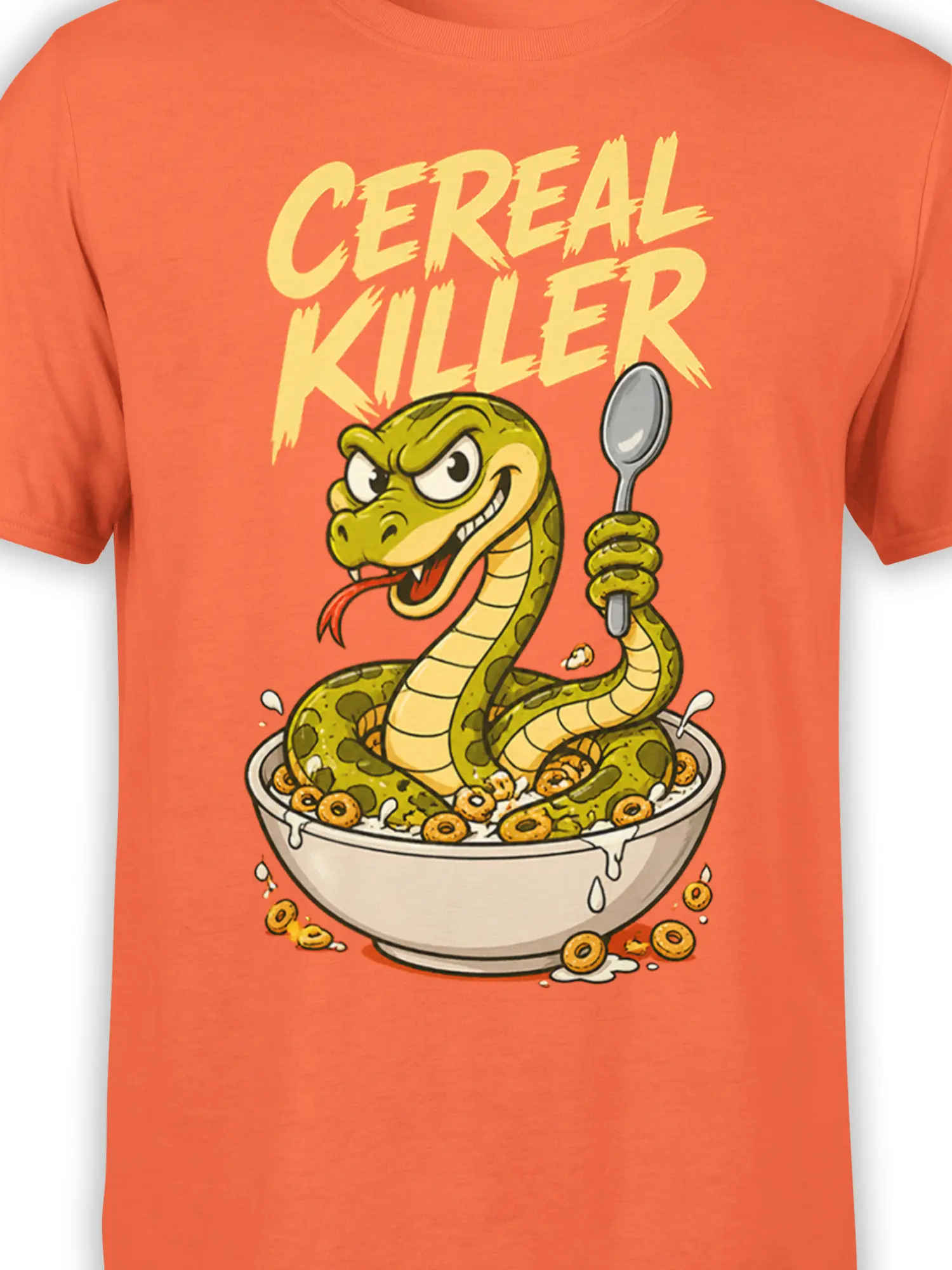 Close-up of grinning green snake, spoon, cereal bowl, and Cereal Killer artwork on an orange shirt