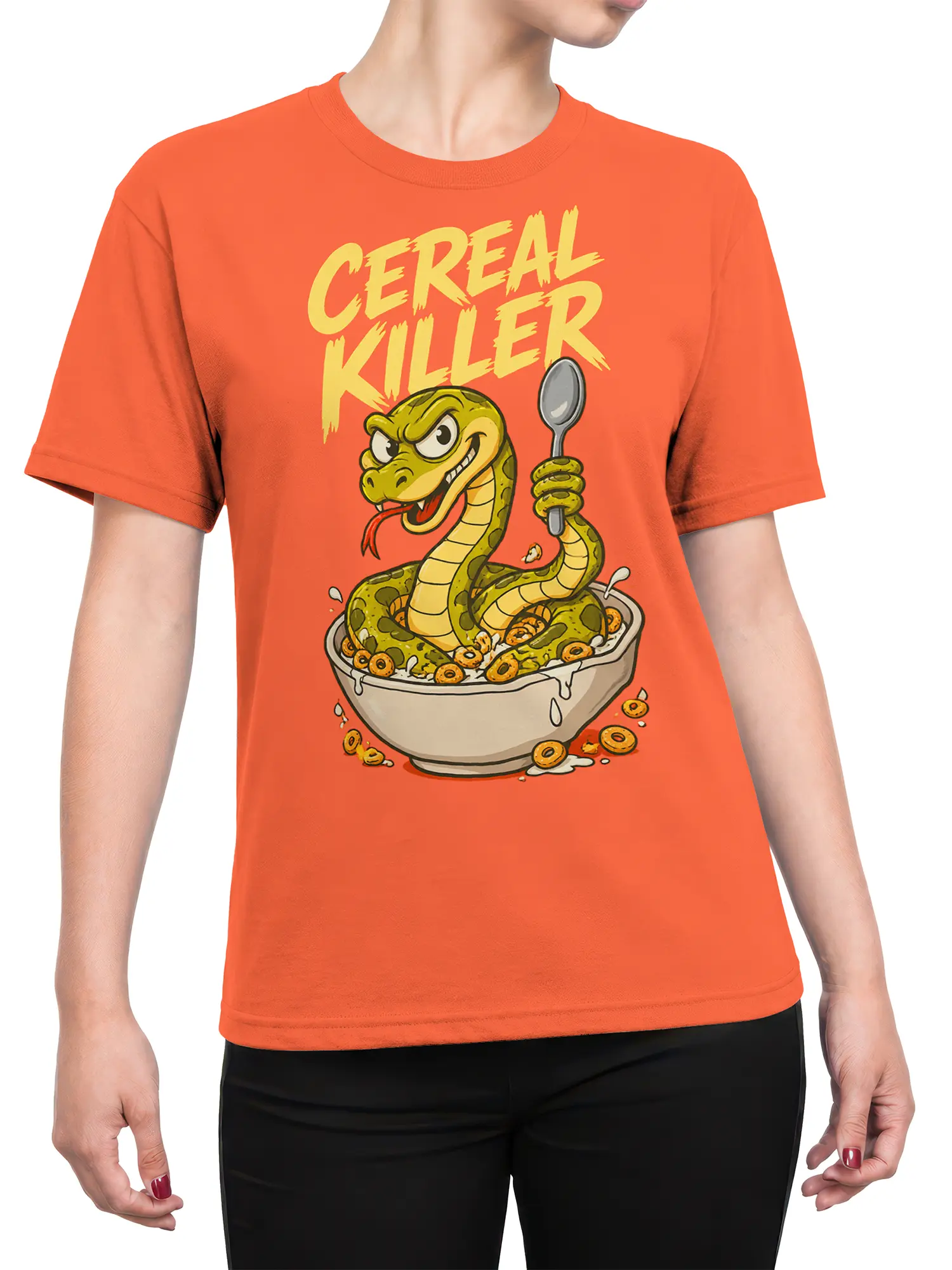 Female torso wearing an orange snake T-shirt with Cereal Killer lettering and a cereal bowl graphic