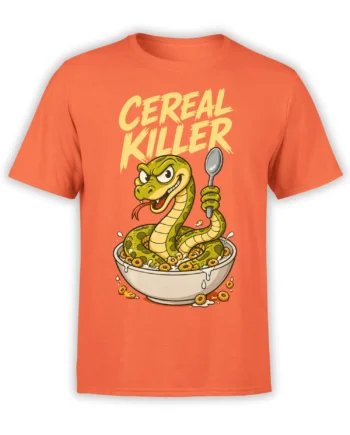 Orange T-shirt with a grinning green snake holding a spoon in a cereal bowl and Cereal Killer lettering