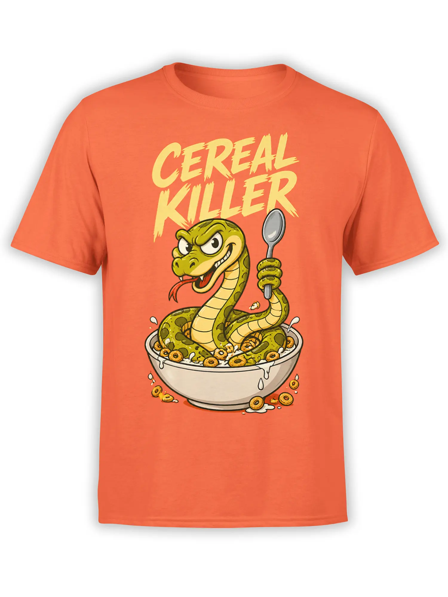 Orange T-shirt with a grinning green snake holding a spoon in a cereal bowl and Cereal Killer lettering