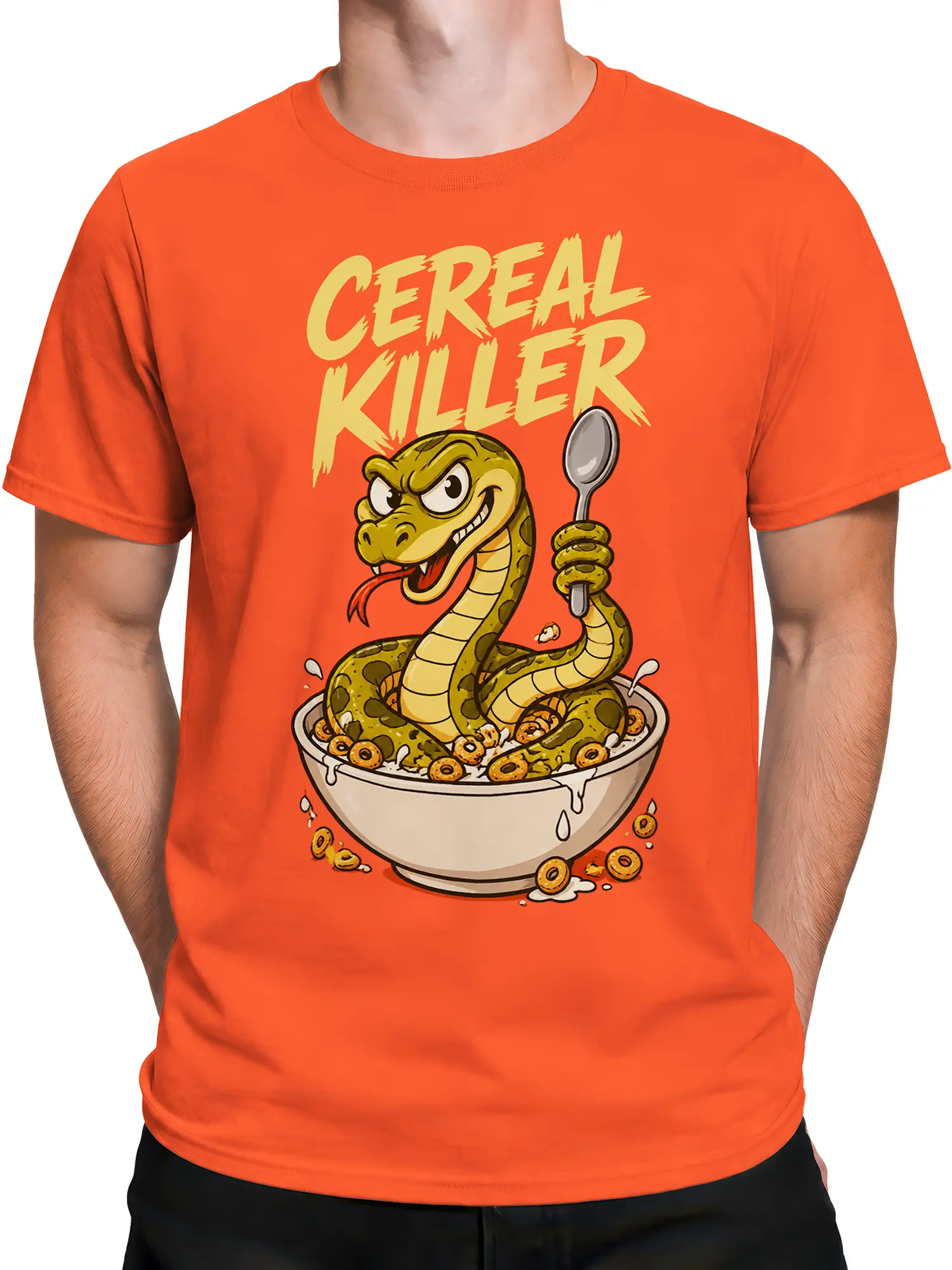 Male torso wearing an orange Cereal Killer T-shirt with a green snake and cereal bowl graphic