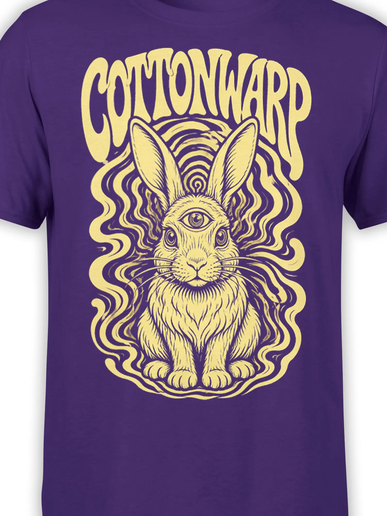 Close-up of the third eye rabbit graphic with cream linework and bold lettering on a purple T-shirt