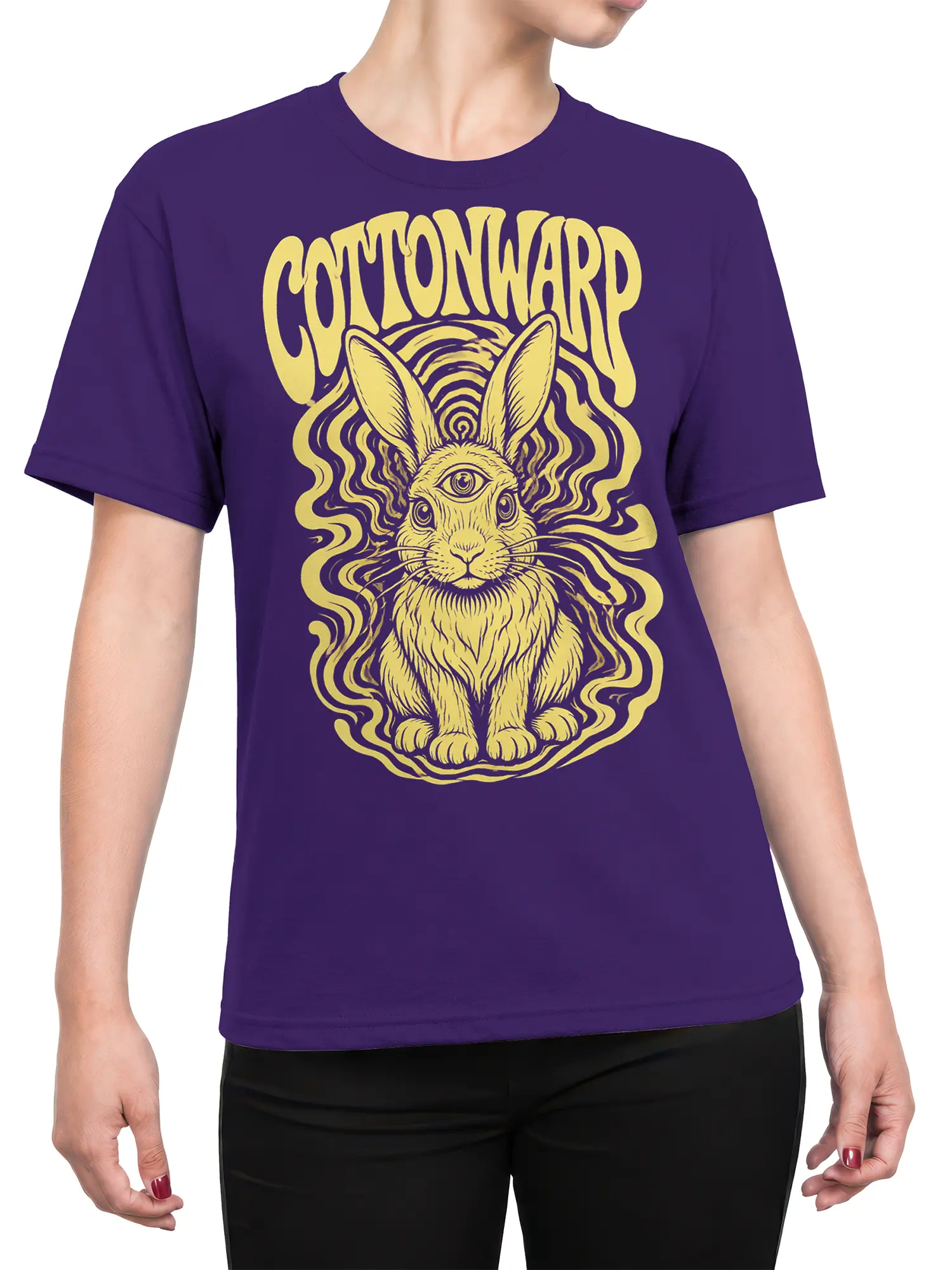 Female torso wearing a purple T-shirt with a mystical third eye rabbit graphic and cream artwork