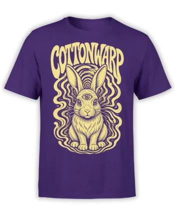 Purple T-shirt with a mystical rabbit graphic, third eye, flowing lines, and cream Cottonward lettering