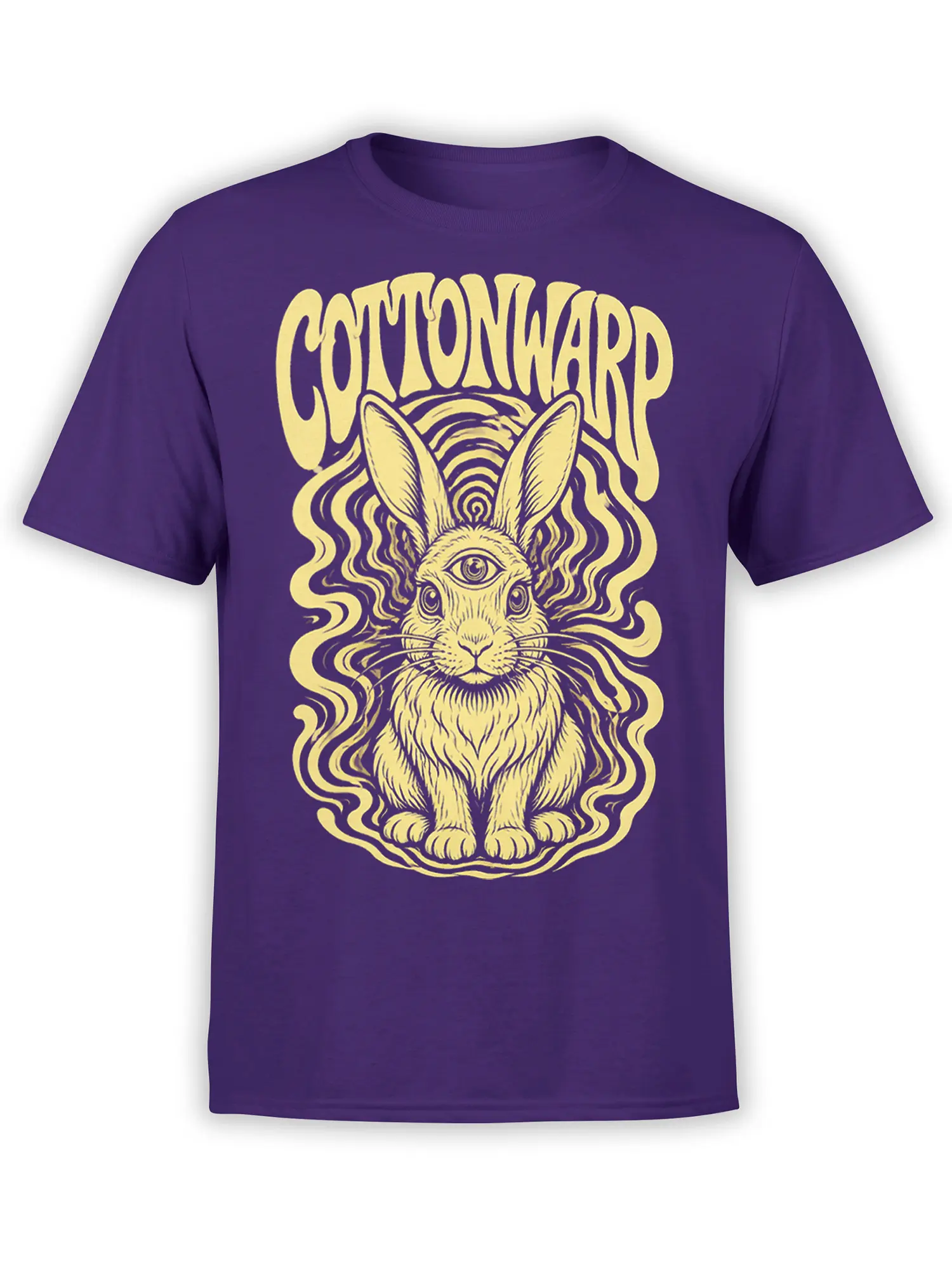 Purple T-shirt with a mystical rabbit graphic, third eye, flowing lines, and cream Cottonward lettering