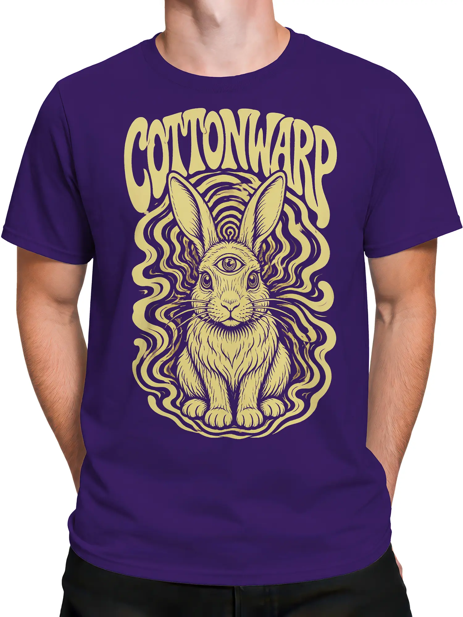 Male torso wearing a purple T-shirt with a cream third eye rabbit graphic and flowing mystical lines