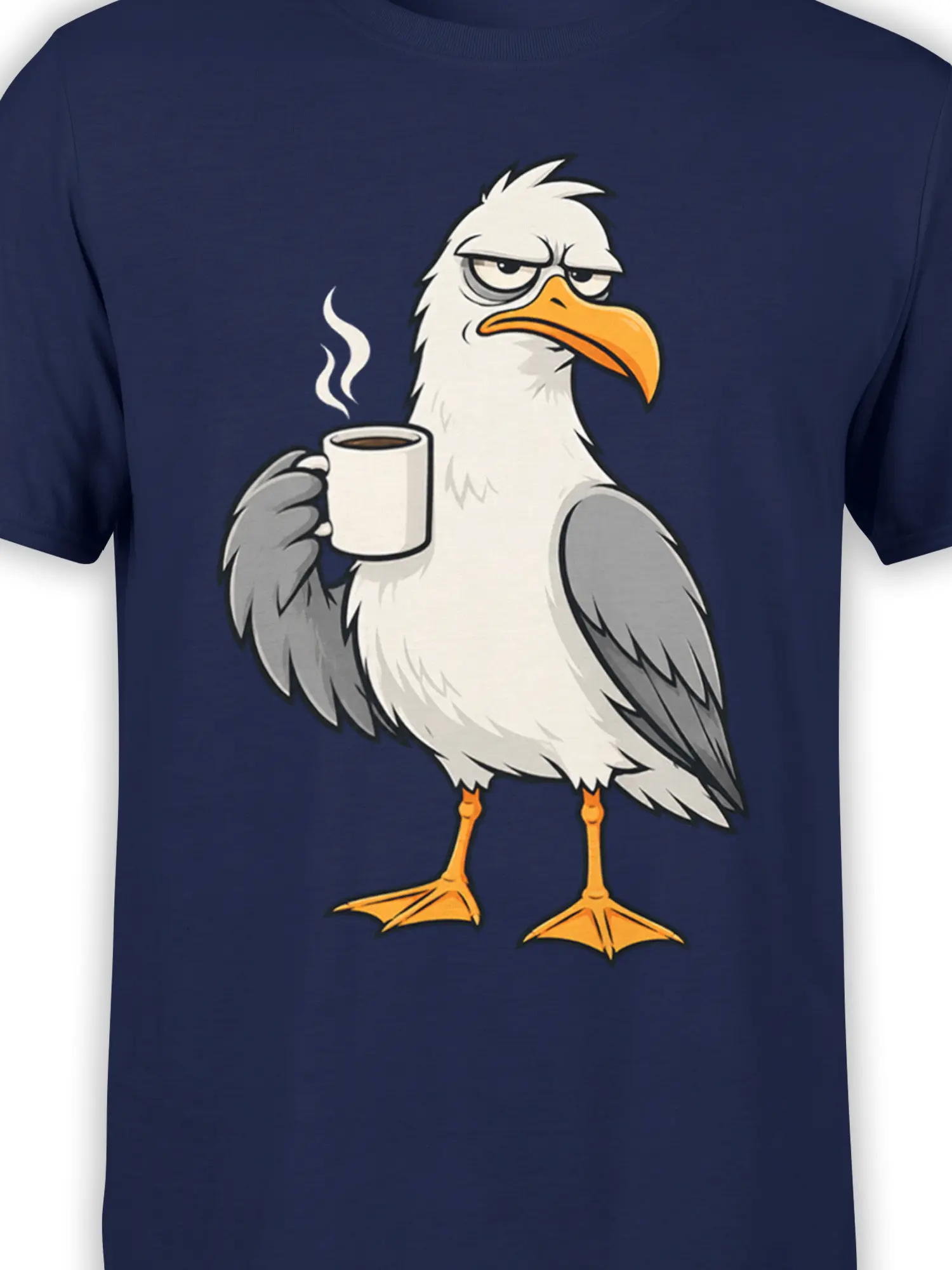 Close-up of grumpy eagle coffee artwork printed on a navy T-shirt