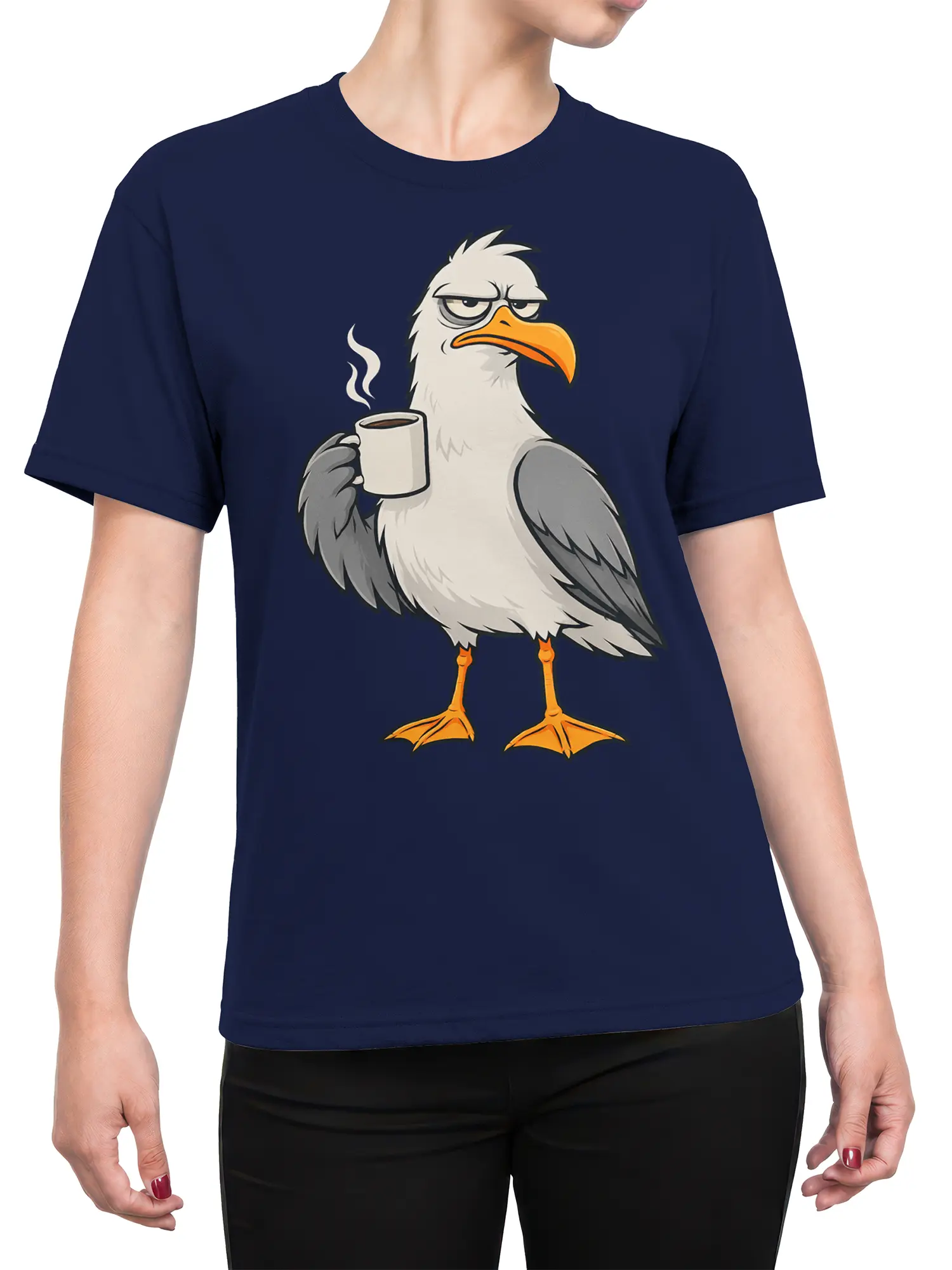 Female torso wearing a navy T-shirt with a grumpy eagle holding coffee