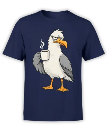 Grumpy white and gray eagle holding a steaming coffee cup on a navy graphic T-shirt