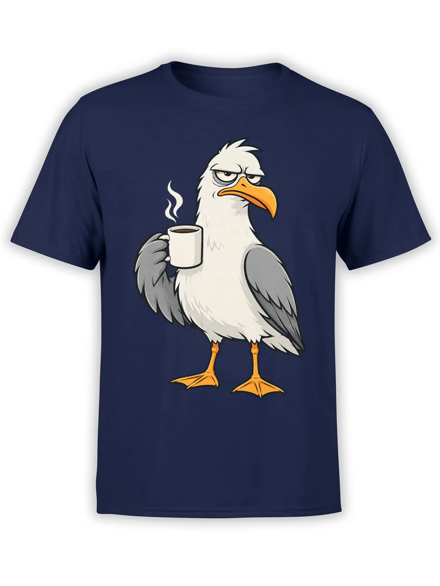 Grumpy white and gray eagle holding a steaming coffee cup on a navy graphic T-shirt