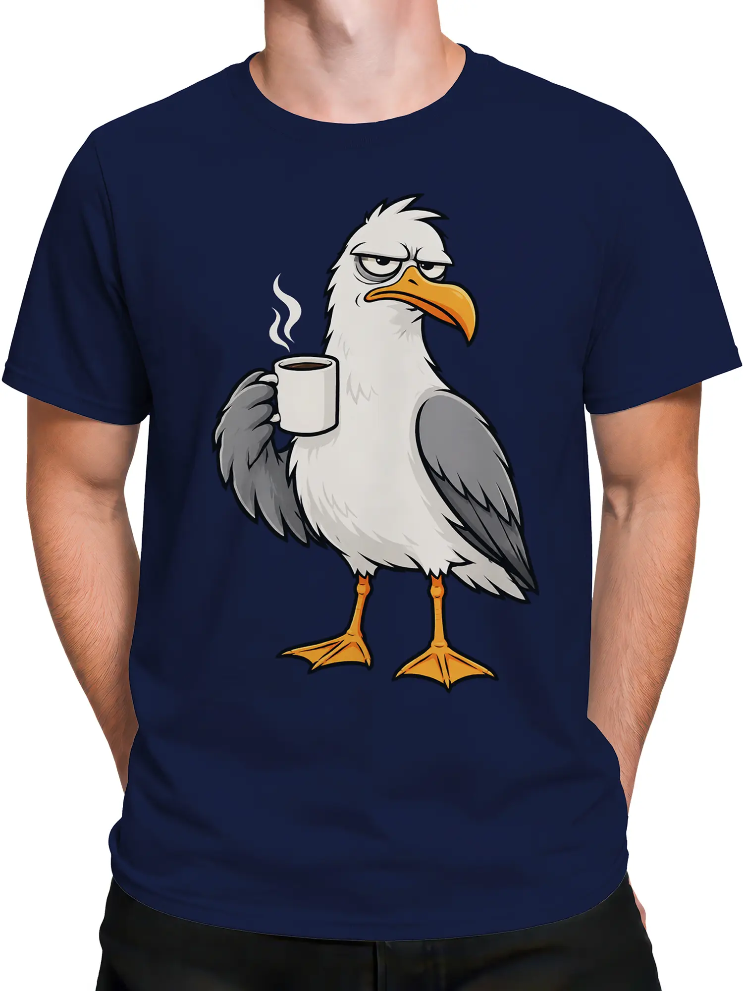 Male torso wearing a navy T-shirt with a grumpy eagle holding coffee
