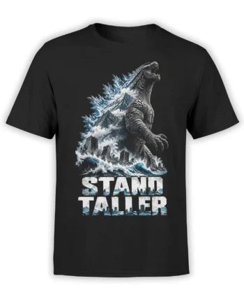 Black T-shirt with a giant reptile rising through waves, mountains, ruined buildings, and bold STAND TALLER text