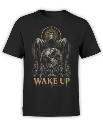 Black graphic T-shirt with a hooded figure controlling a globe, skull figures, symbols, and bold Wake Up text