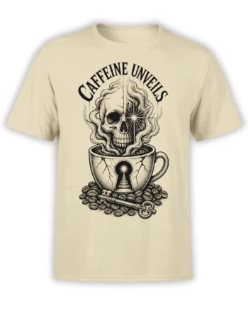 Beige coffee T-shirt with a black-ink skull rising from a cracked cup beneath “CAFFEINE UNVEILS” lettering