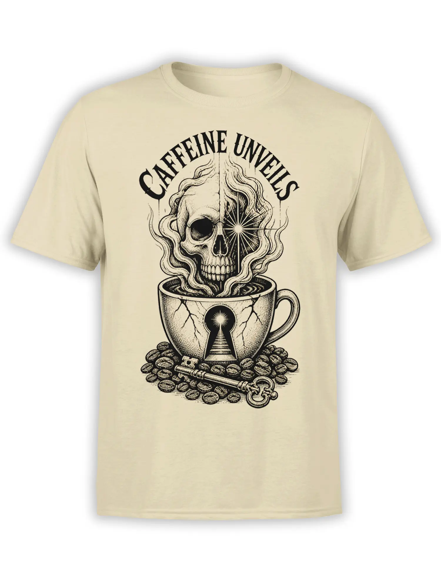 Beige coffee T-shirt with a black-ink skull rising from a cracked cup beneath “CAFFEINE UNVEILS” lettering