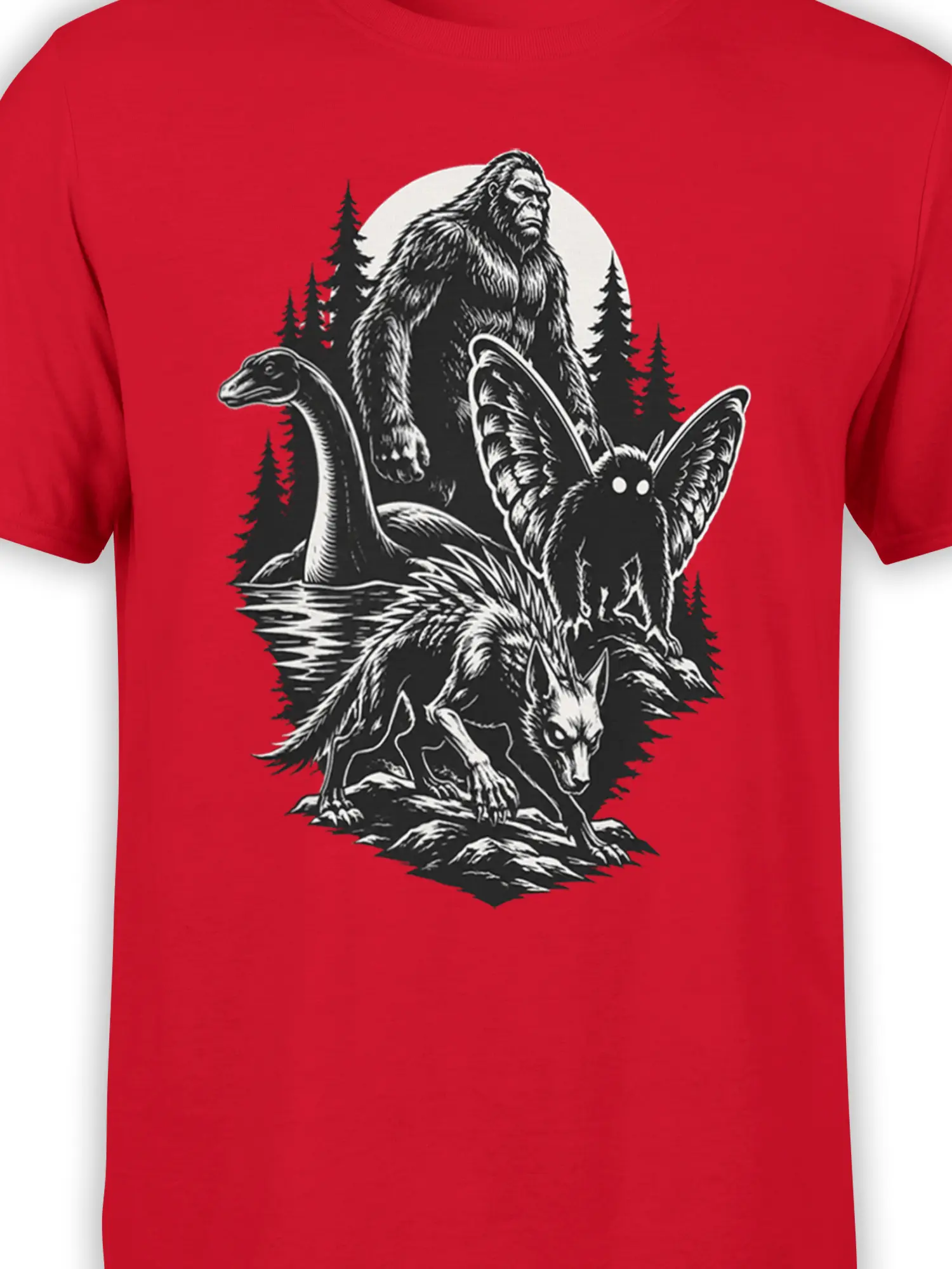 Close-up of red cryptid graphic featuring Bigfoot, a long-necked creature, winged figure, and wolf-like beast