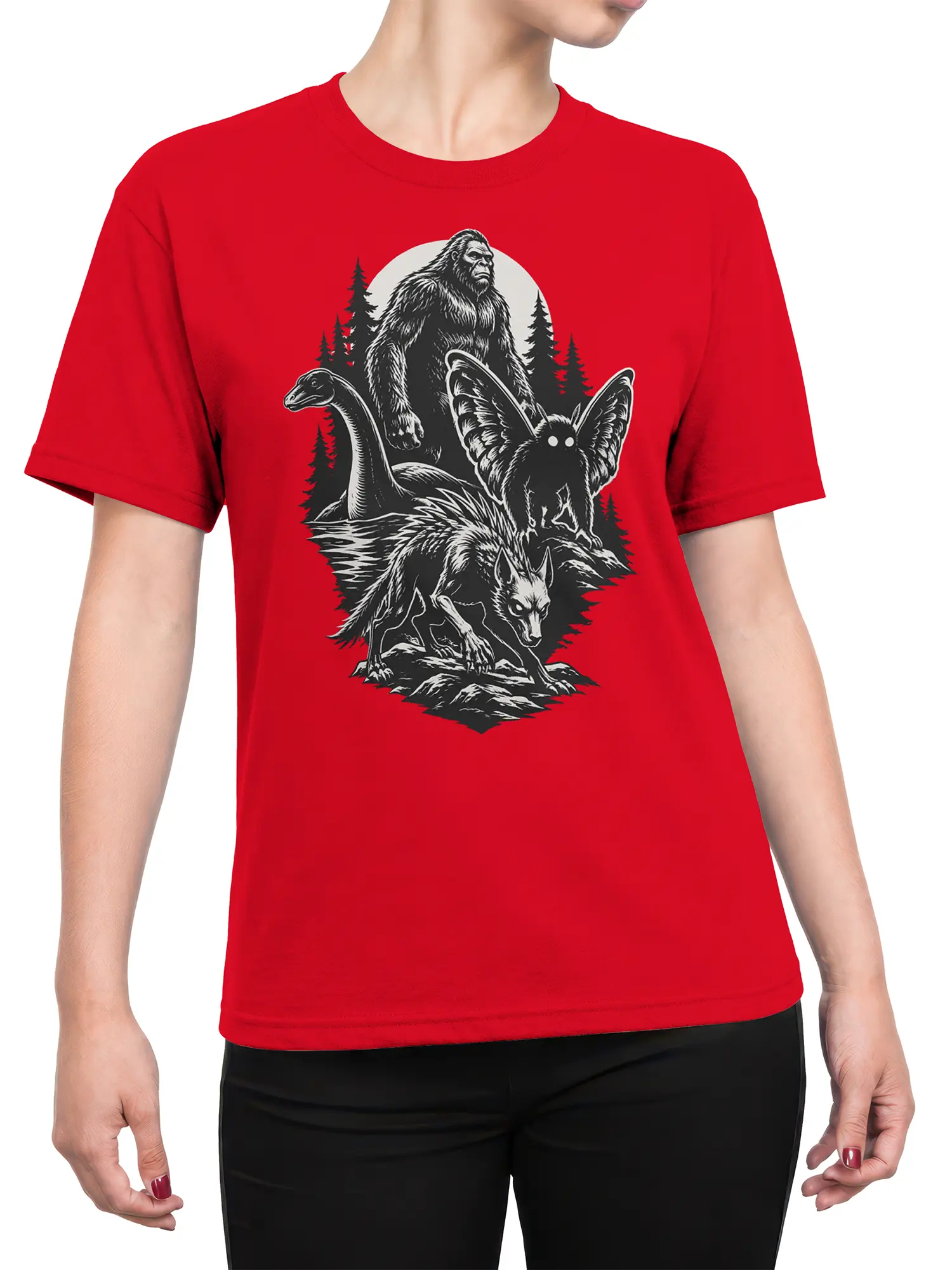 Female torso wearing a red cryptid T-shirt with Bigfoot and mysterious forest creatures in vintage black-and-white art