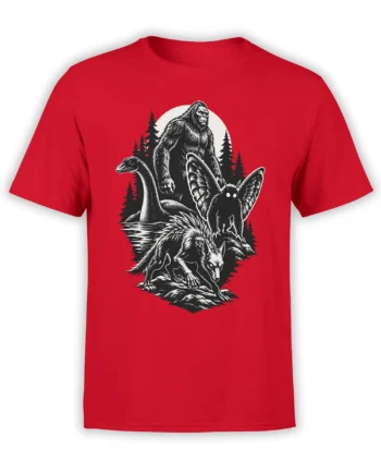 Red cryptid T-shirt with Bigfoot, strange forest creatures, pine trees, and a moon in black-and-white artwork