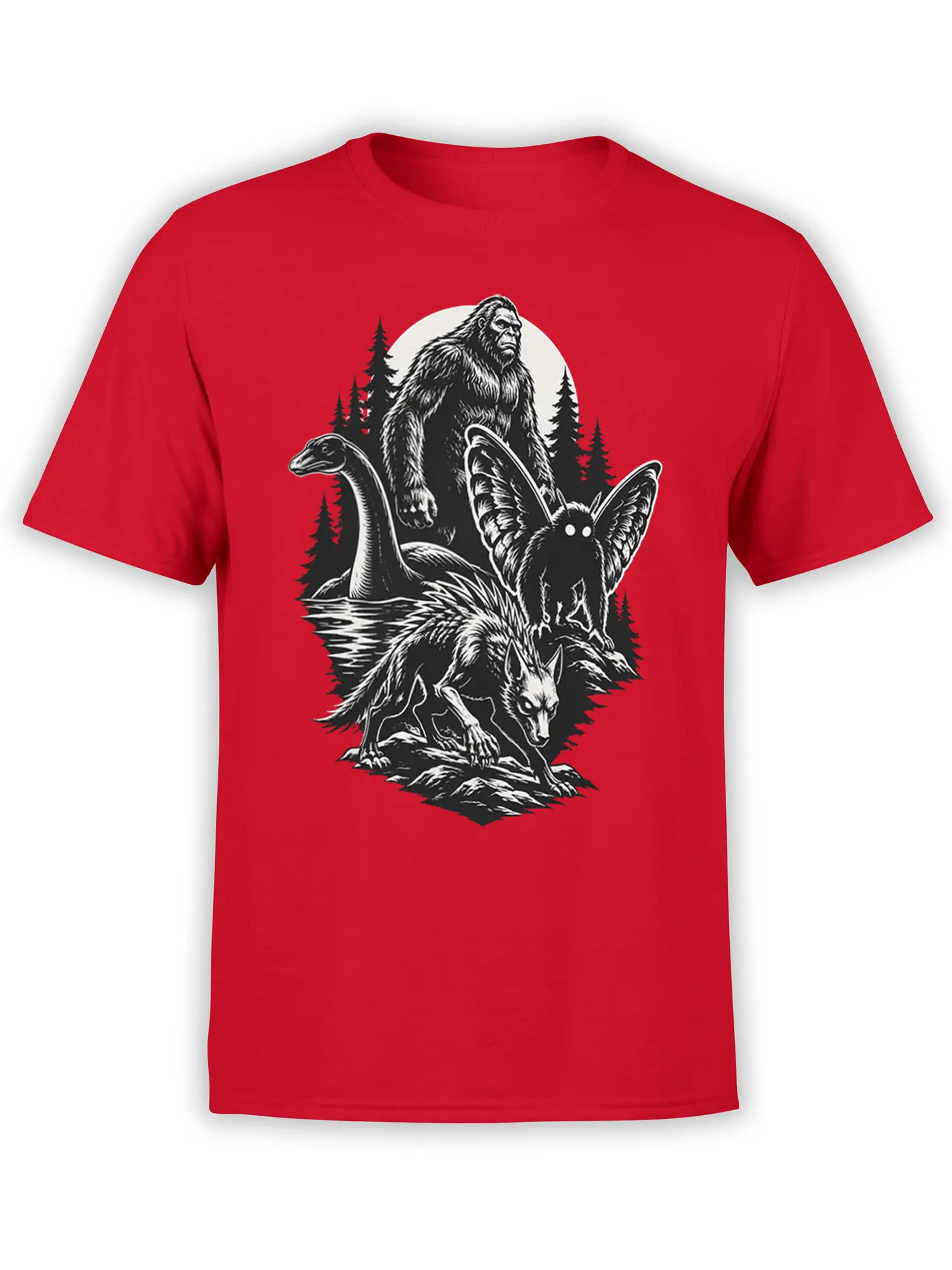 Red cryptid T-shirt with Bigfoot, strange forest creatures, pine trees, and a moon in black-and-white artwork