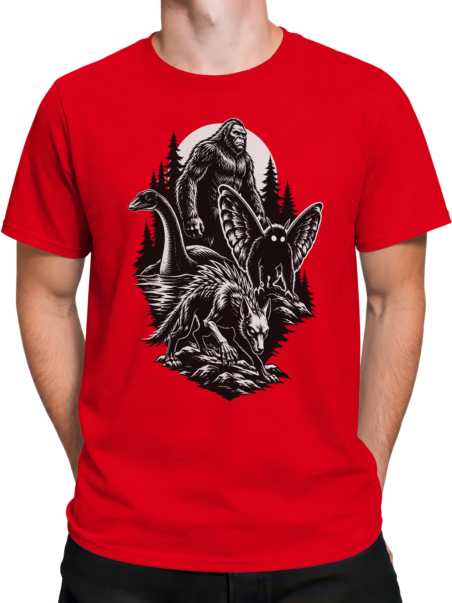 Male torso wearing a red cryptid T-shirt with Bigfoot, forest monsters, and moonlit pine trees