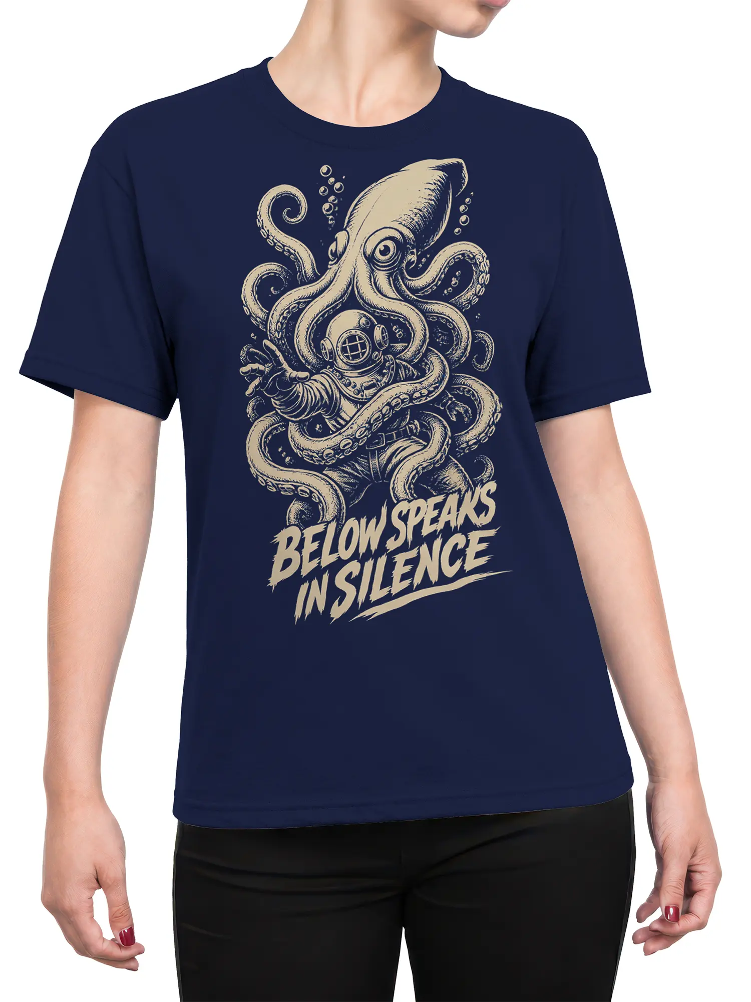 Female torso wearing a navy octopus diver T-shirt with vintage underwater artwork and bold cream lettering