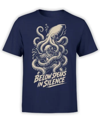 Vintage octopus diver graphic with “Below Speaks in Silence” text on a navy T-shirt