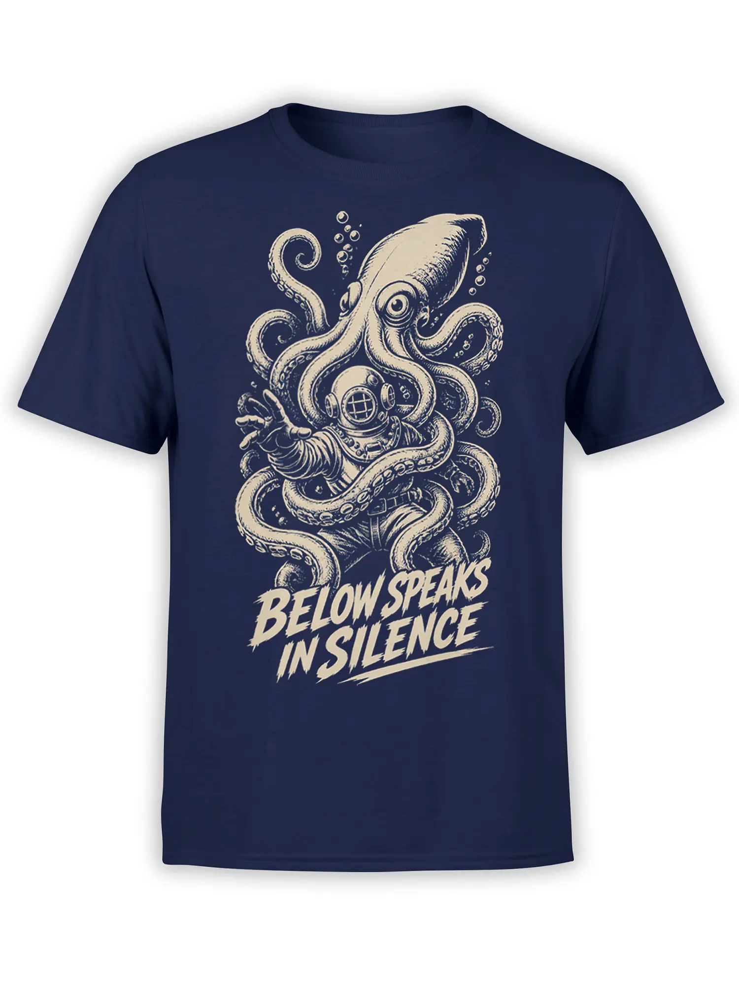 Vintage octopus diver graphic with “Below Speaks in Silence” text on a navy T-shirt