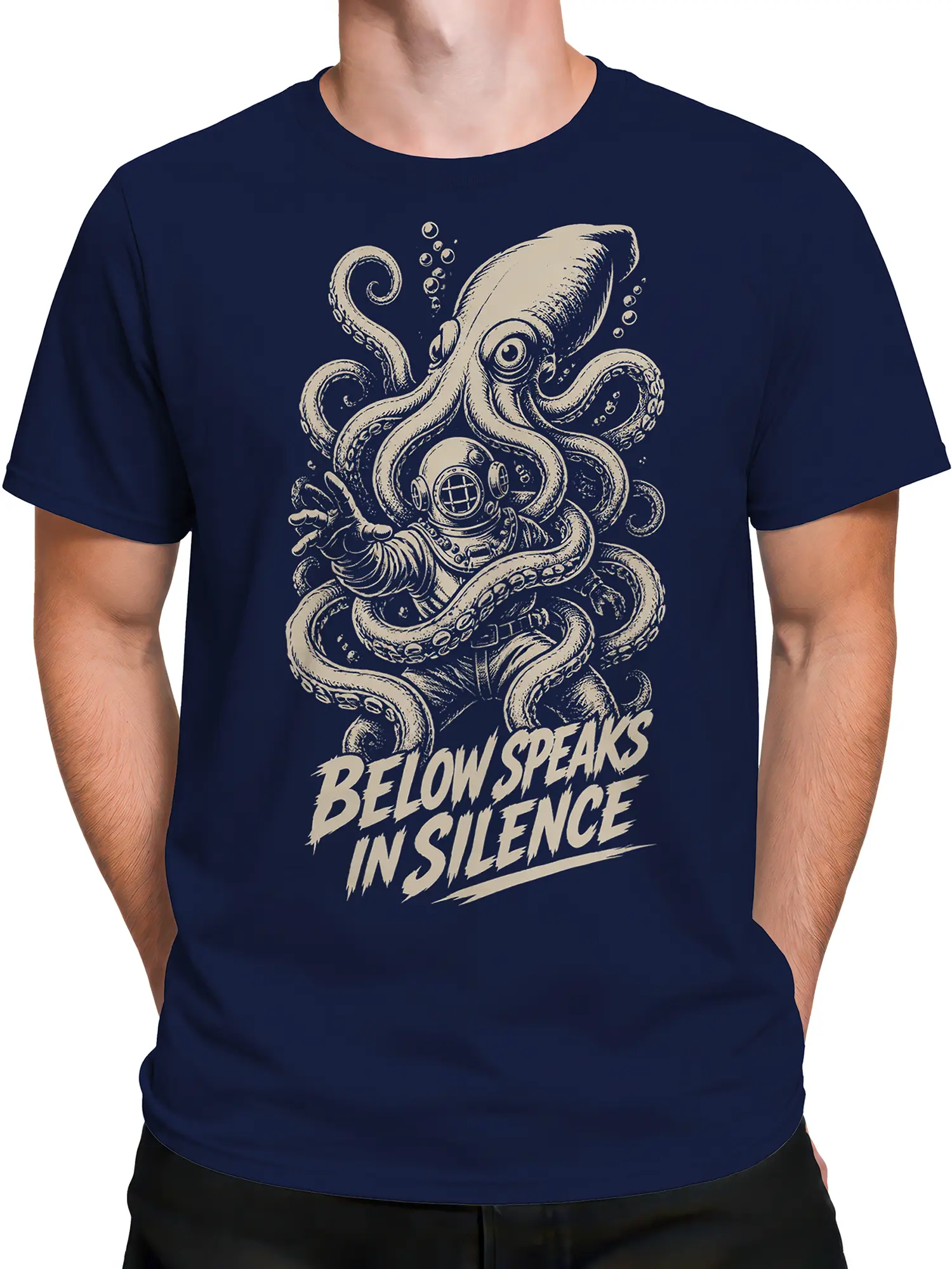 Male torso wearing a navy octopus diver graphic T-shirt with vintage deep-sea artwork