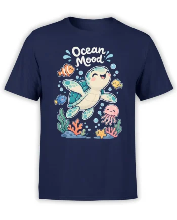 Front view of a navy sea turtle T-shirt with Ocean Mood text and colorful underwater artwork