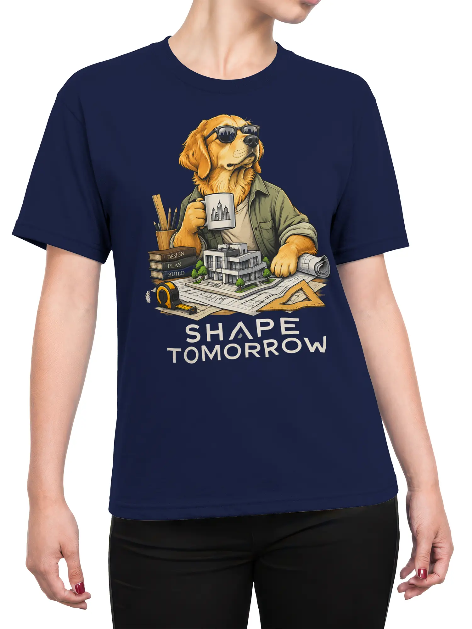 Female torso wearing a navy T-shirt with a golden retriever architect, blueprints, tools, and building design artwork