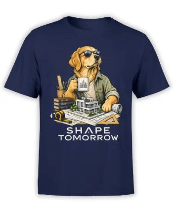 Golden retriever architect wearing sunglasses with blueprints and building tools on a navy T-shirt