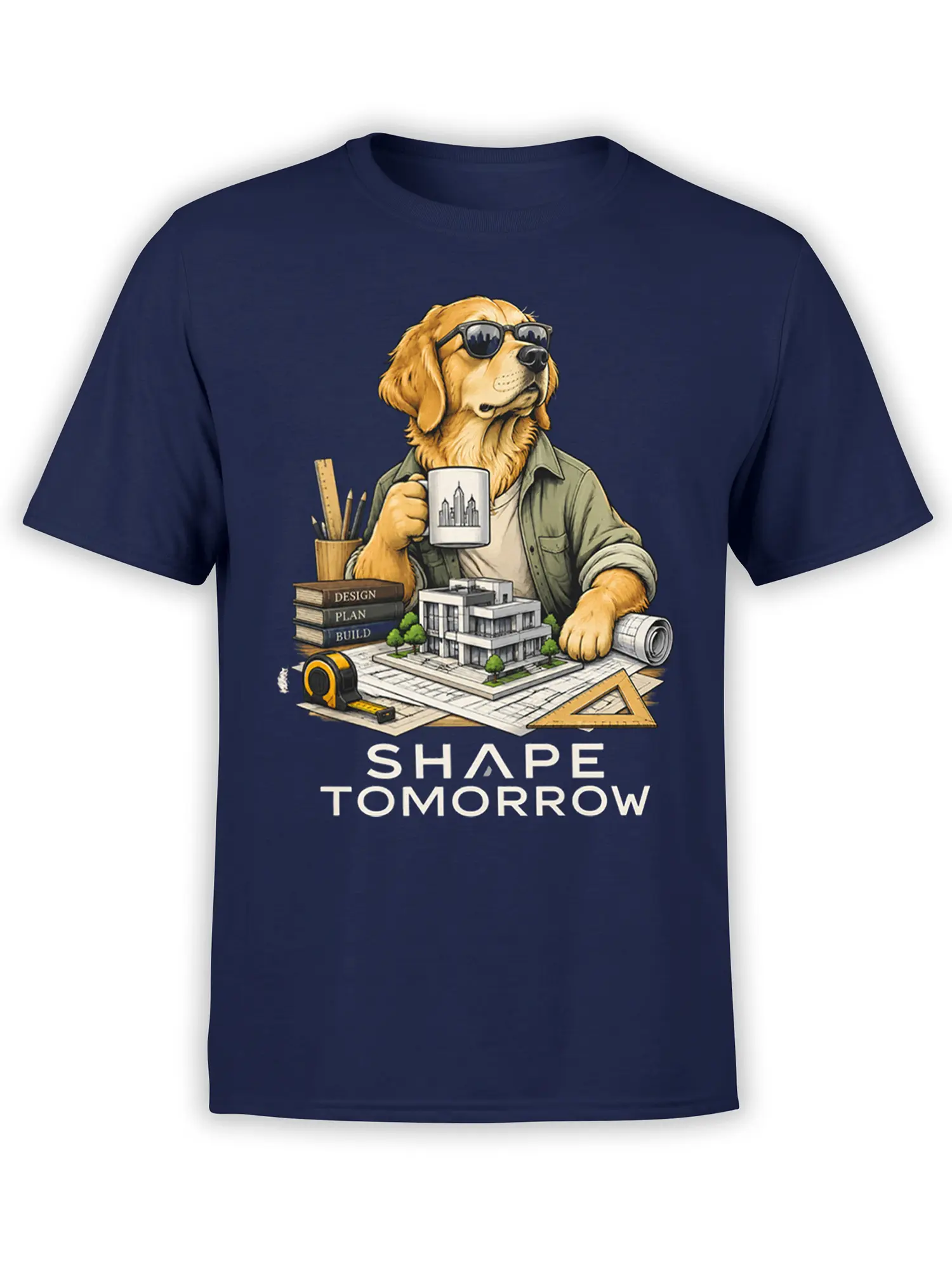 Golden retriever architect wearing sunglasses with blueprints and building tools on a navy T-shirt