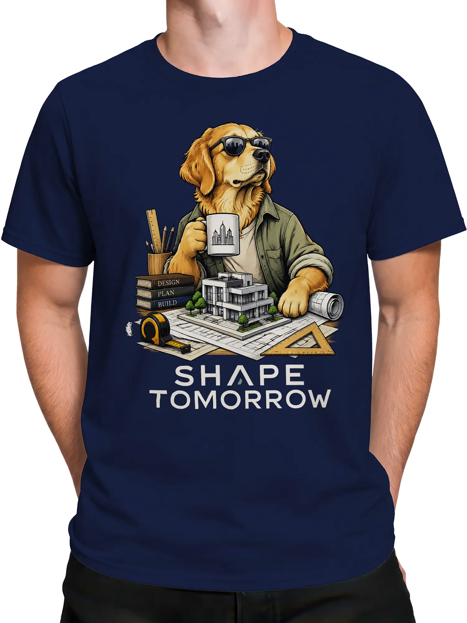 Male torso wearing a navy T-shirt with golden retriever architect artwork and “Shape Tomorrow” lettering