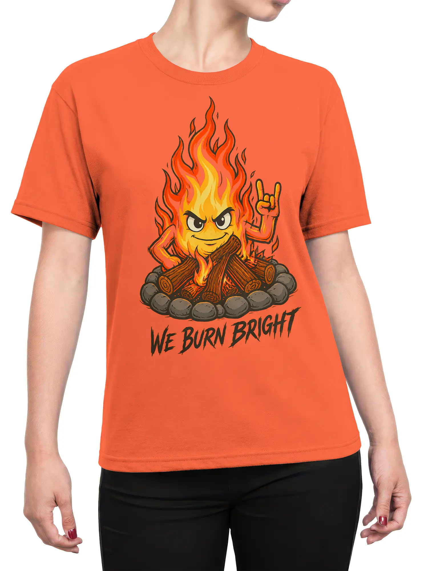 Female torso wearing an orange T-shirt with a colorful campfire flame character and “WE BURN BRIGHT” graphic