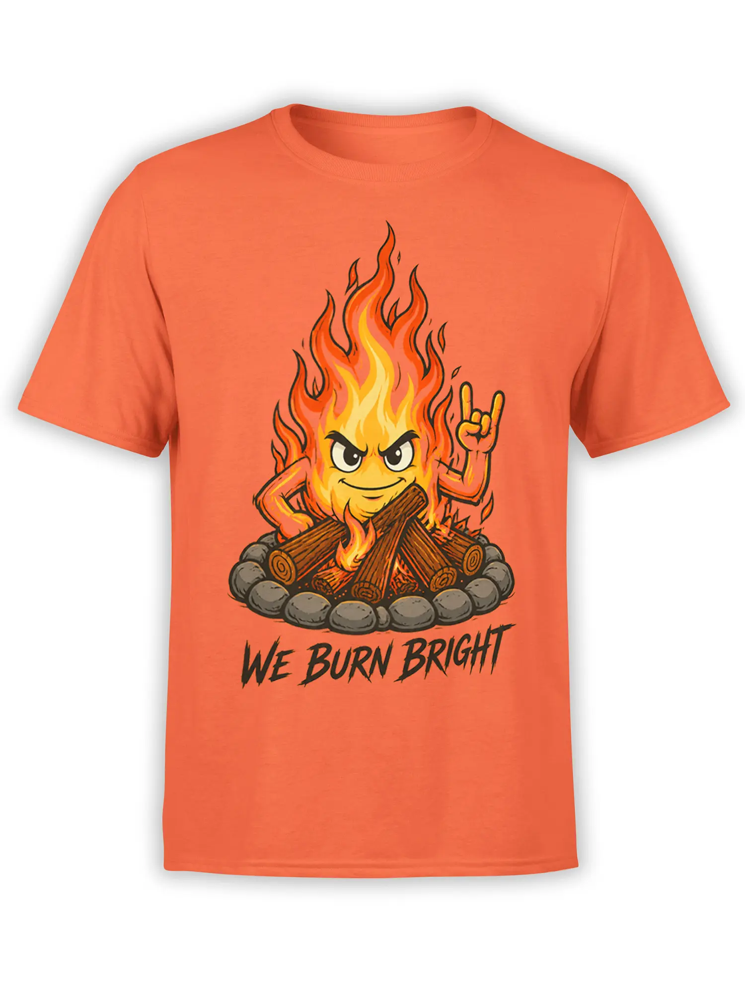 Orange T-shirt with a grinning cartoon flame character, campfire logs, and “WE BURN BRIGHT” lettering